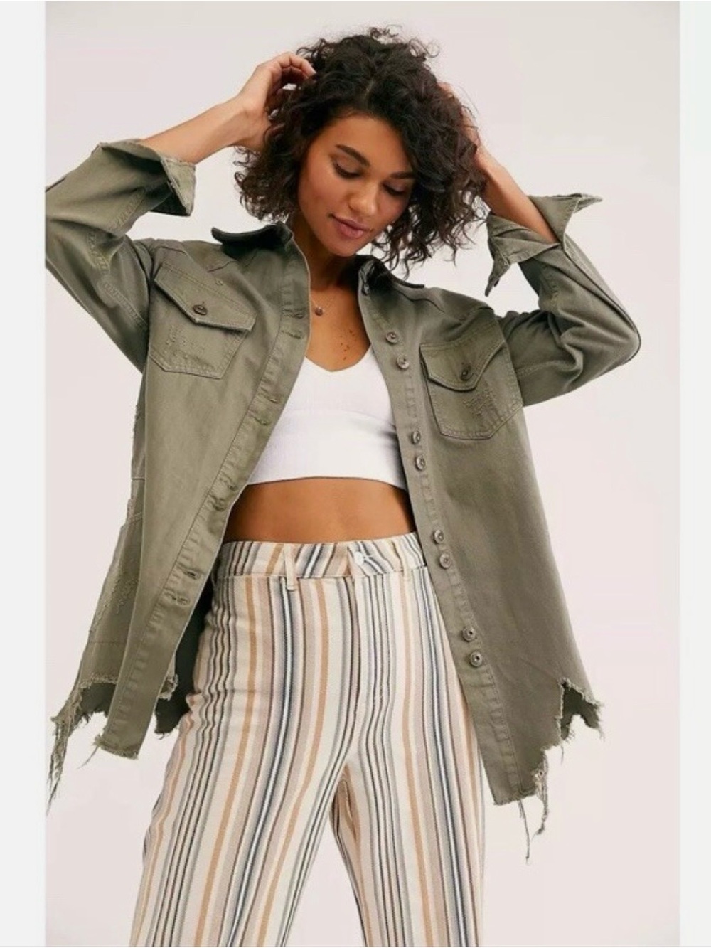 Free People Moonchild Distressed Denim Jacket Utility Shacket, Olive, Medium